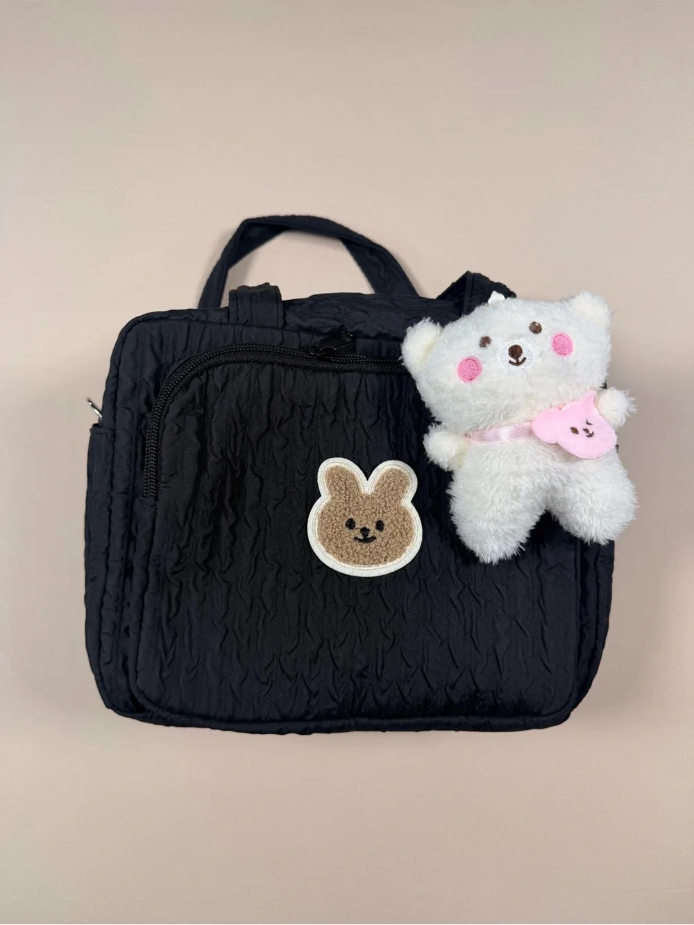 Black Quilted Mini Diaper Bag with Plush Charm